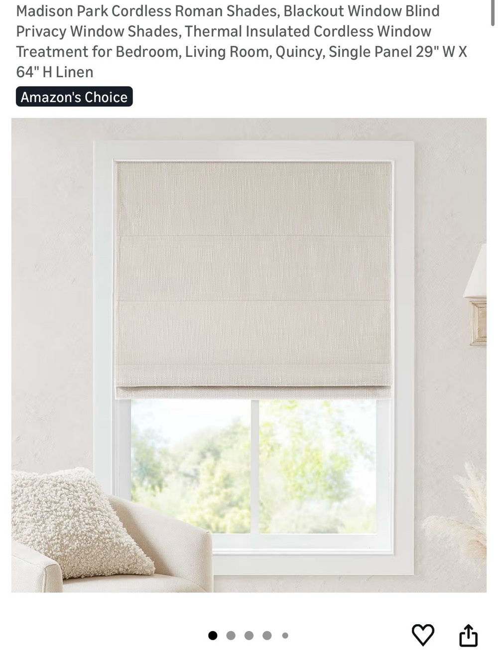 New. Madison Park Cordless Roman Shades, Blackout 29" W X 64” H
 Linen (4105)